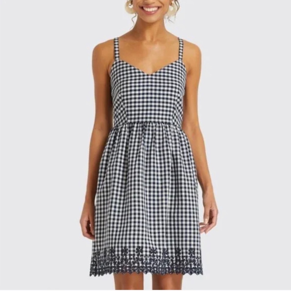 Draper James Gingham Navy White Floral Eyelet Lace Hem Fit & Flare Dress